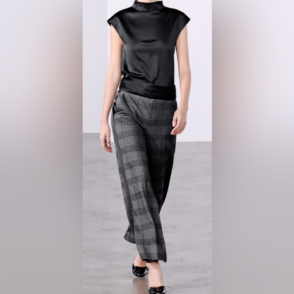 Zara ZW Collection satin sash checkered Trousers